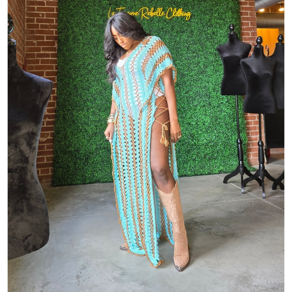 Crochet Maxi Cover Up Dress M/L Blue Brown Knit Boho Festival Cowgirl Beach - Picture 6 of 11